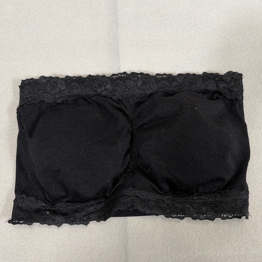DS Women Black Lace Trim Bandeau Bra Strapless Padded‎ Tube Top Small RN 71222
